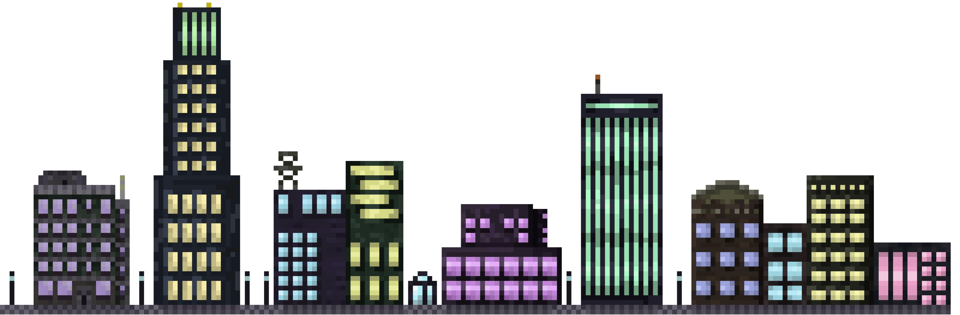 Pixel art city-scape, this apartment building, an office tower, radio station, another apartment,Bus station, more offices, and an entertainment and shopping district