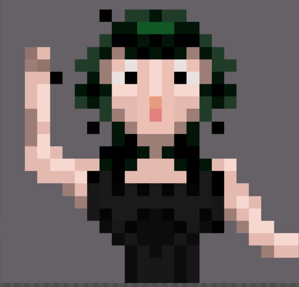 Pixel art of a very thin young woman with very wide eyes, shaggy green hair, and a black tank-top