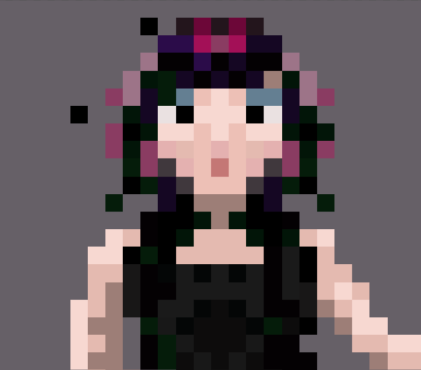 Pixel art of a young woman with pink and black shaggy hair, a black top, light blush and blue eyeshadow