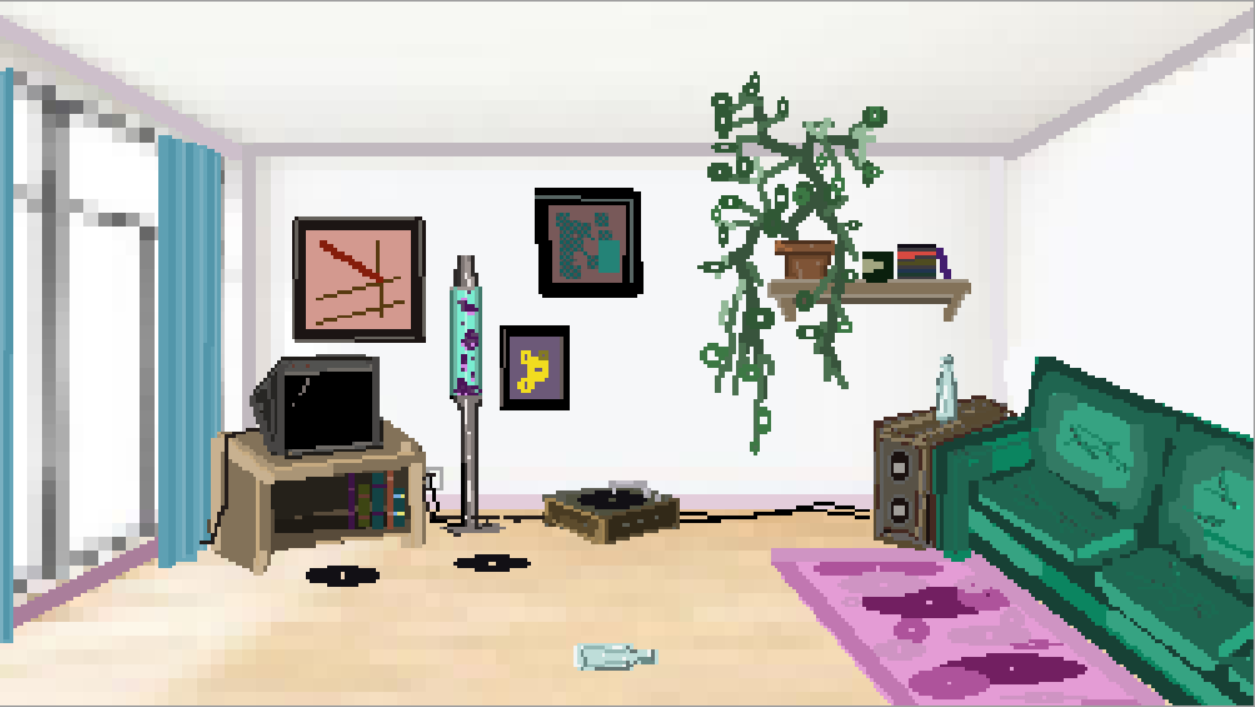 Pixel art of a bright living room, with floor to ceiling windows on the left wall and drawn back blue curtains. A large crt tv is in the corner on top of a wooden tv stand with a few books seen inside, a cyan and purple lava lamp on top of a silver pole, several vinyls on the floor and a record player along the wall. there is a shelf with a few cassettes, a candle, and a massive strange plant spilling across the room with leaves like loops. a large speaker is used as a side table tucked in the corner next to the dark green couch. black cords connect the electronics to an outlet between the lamp and tv under a small gallery wall of abstract pictures. there is a fluffy pink rug in front of the couch with a circle design. two empty glass bottles are seen laying on the floor and sitting on the speaker.